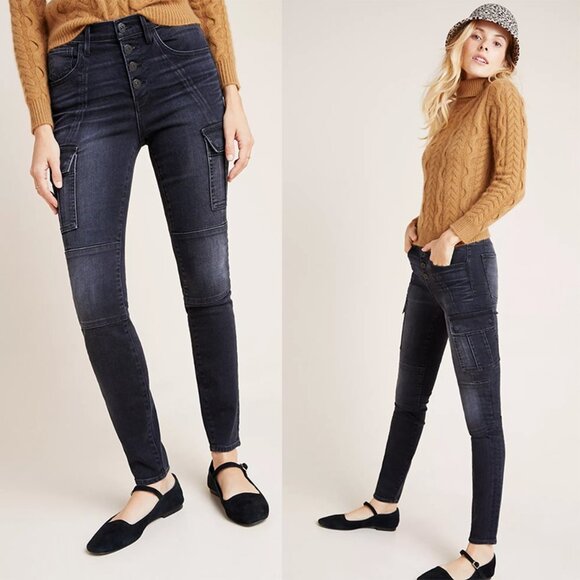 3x1 Vida High-Rise Cargo Skinny Jeans Button Fly Stretch Denim Weber‎ Black 25 - Picture 1 of 10